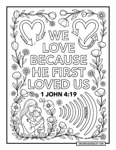 1 John 4:19 We Love Because He First Loved Us Bible Verse Coloring Page coloring page preview