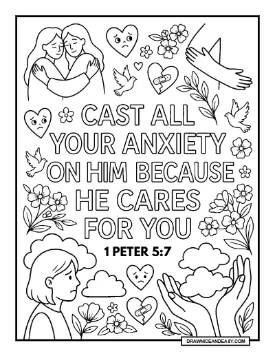 1 Peter 5:7 Cast All Your Anxiety on Him Bible Verse Coloring Page coloring page preview