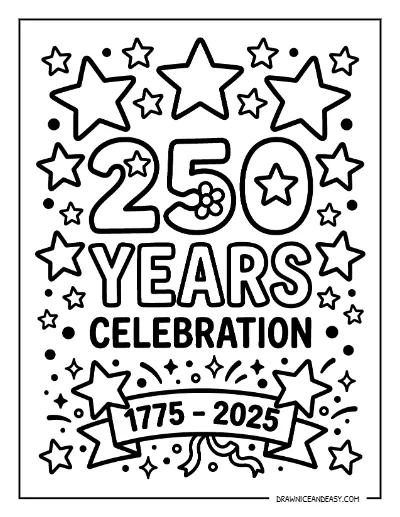 250 Years Celebration Text Coloring Page – America 250 Free Printable coloring page preview