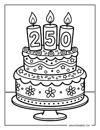 America 250 Birthday Cake Coloring Page – Free Printable for Kids coloring page preview