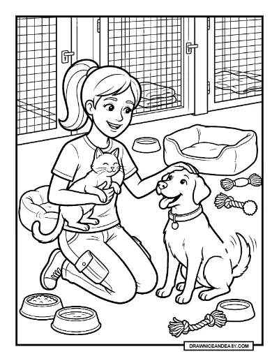 Animal Shelter Worker Caring for Pets Coloring Page coloring page preview
