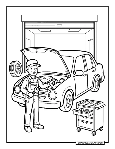 Auto Mechanic Repairing a Car Community Helpers Coloring Page coloring page preview