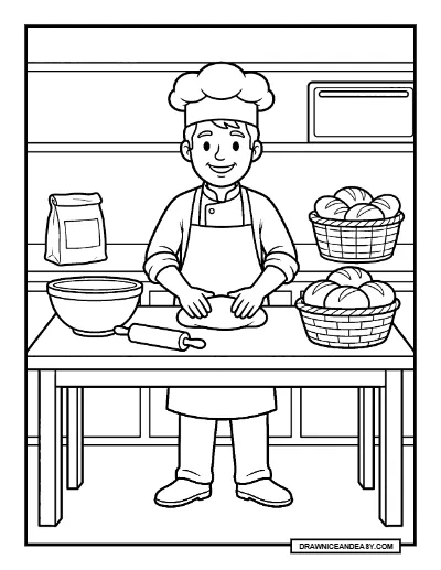 Baker Kneading Fresh Dough Community Helpers Coloring Page coloring page preview