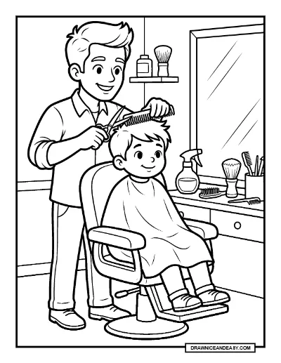 Barber Giving a Haircut Community Helpers Coloring Page coloring page preview