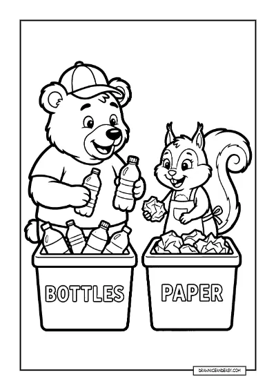 Bear and Squirrel Recycling - Earth Day Coloring Page for Kids coloring page preview