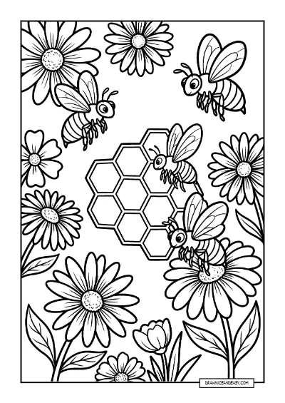 Bees and Honeycomb - Pollination Earth Day Coloring Page coloring page preview