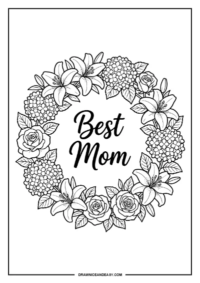 Best Mom Floral Wreath Mother's Day Coloring Page Free Printable coloring page preview