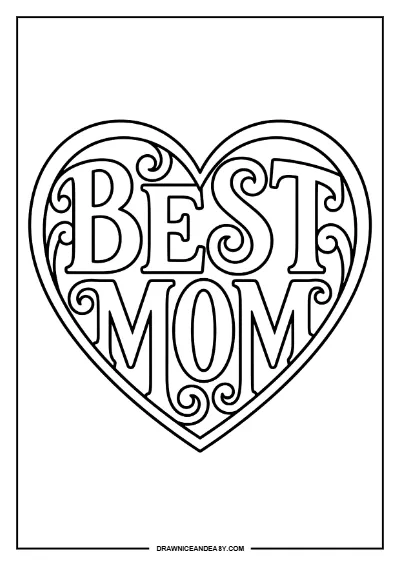 Best Mom Heart Typography Mother's Day Coloring Page Printable coloring page preview