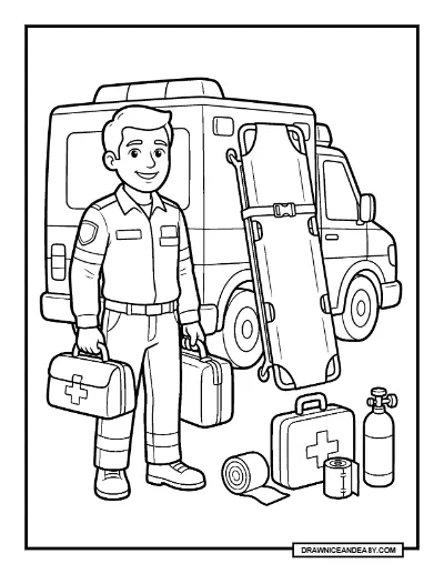 Brave Paramedic and Ambulance Community Helpers Coloring Page coloring page preview