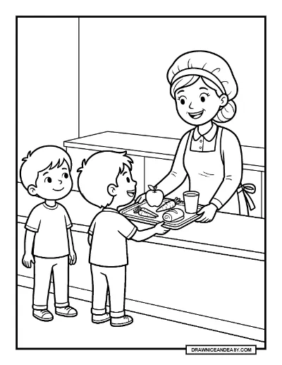 Cafeteria Worker Serving Healthy Lunch Community Helpers Coloring Page coloring page preview