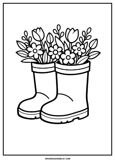 Charming Rain Boots Coloring Page | Spring Flower Art for Kids | Easy Garden Printable coloring page preview