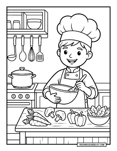 Chef Preparing a Healthy Meal Community Helper Coloring Page coloring page preview
