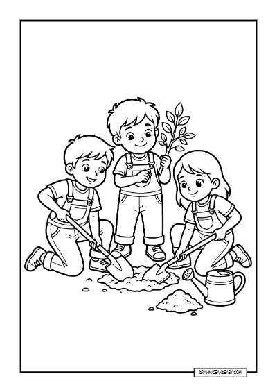 Children Planting Trees - Earth Day Gardening Activity Page coloring page preview