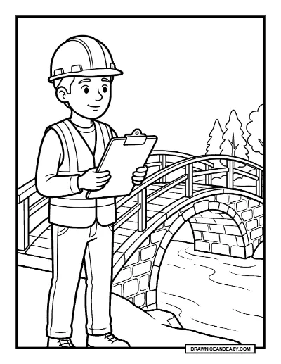 Civil Engineer Inspecting a Bridge Community Helpers Coloring Page coloring page preview
