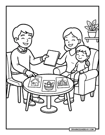 Community Helpers Social Worker Helping a Family Coloring Page coloring page preview