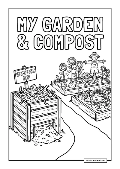 Compost Bin and Garden - Earth Day Composting Activity coloring page preview