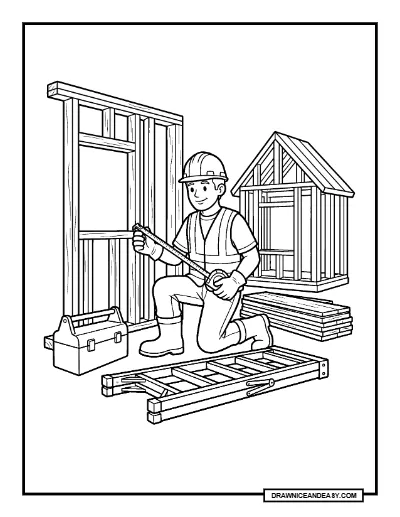 Construction Worker Building a House Community Helpers Coloring Page coloring page preview