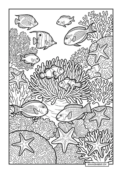 Coral Reef Scene - Ocean Ecosystem Coloring Page coloring page preview