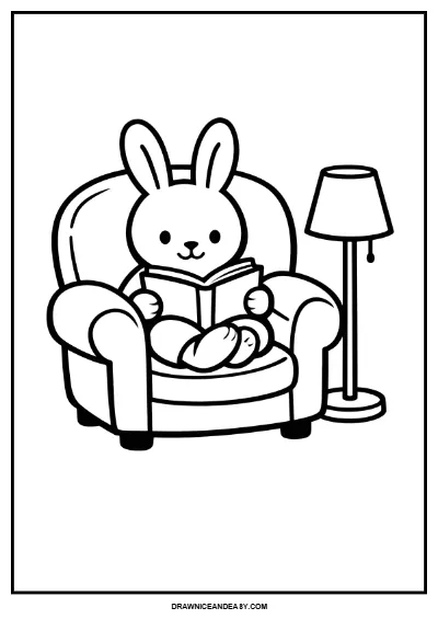 Cozy Bunny Reading Coloring Page | Relaxing Spring Activity for Adults & Kids | Easy Printable coloring page preview