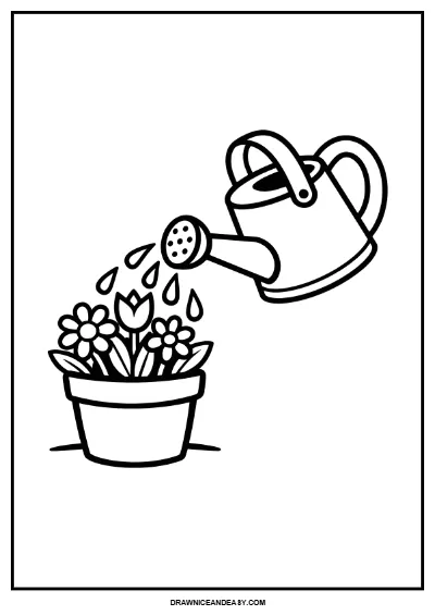 Cozy Watering Can Coloring Page | Spring Garden Art for Kids | Easy Home Printable coloring page preview