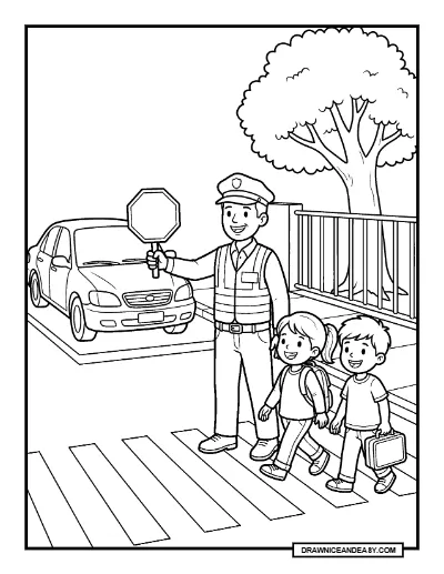 Crossing Guard Helping Children Cross Coloring Page coloring page preview