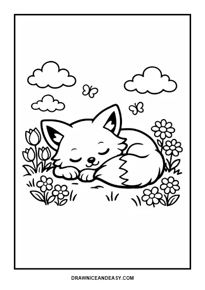 Cute Baby Fox Coloring Page | Easy Spring Animal Printable for Kids | Woodland Wonders Series coloring page preview