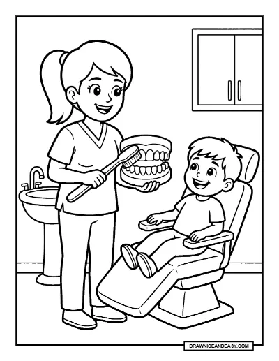 Dentist Teaching a Child to Brush Coloring Page coloring page preview