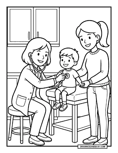 Doctor Giving a Child a Checkup Community Helpers Coloring Page coloring page preview