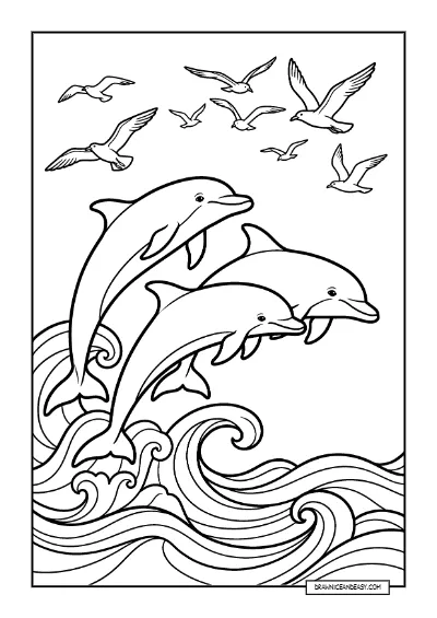 Dolphins Jumping - Ocean Marine Life Coloring Page coloring page preview