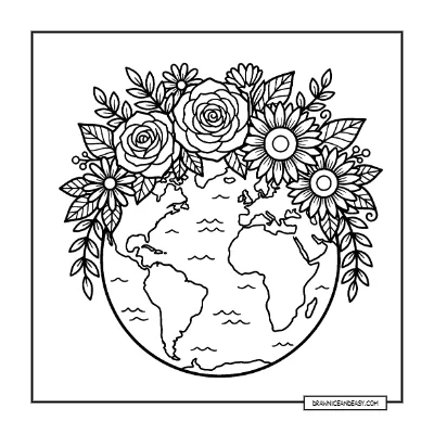Earth with Flower Crown - Spring Nature Coloring Page coloring page preview