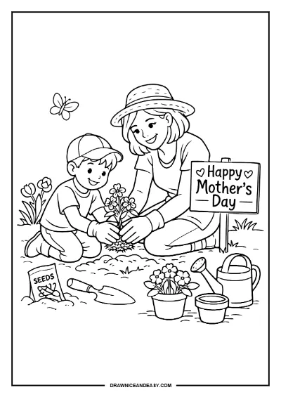 Easy Mother's Day Coloring Pages for Kids Free Printable PDF coloring page preview