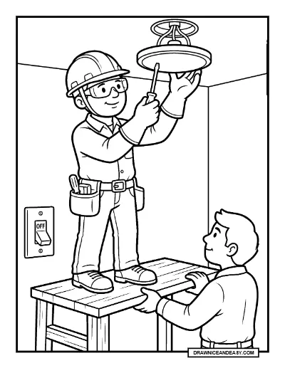 Electrician Installing a Ceiling Light Community Helpers Coloring Page coloring page preview