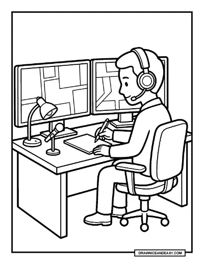 Emergency Dispatcher Answering a Call Coloring Page coloring page preview