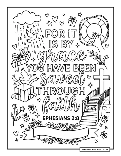 Ephesians 2:8 For by Grace You Have Been Saved Bible Verse Coloring Page coloring page preview