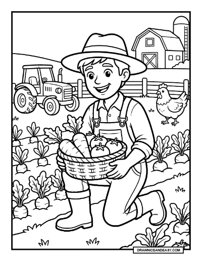 Farmer Harvesting Vegetables Community Helpers Coloring Page coloring page preview