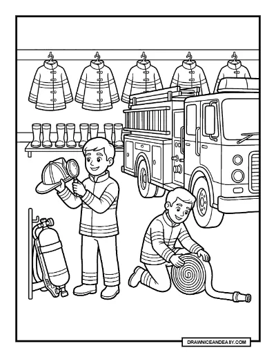 Fire Station Team Preparing Equipment Coloring Page coloring page preview