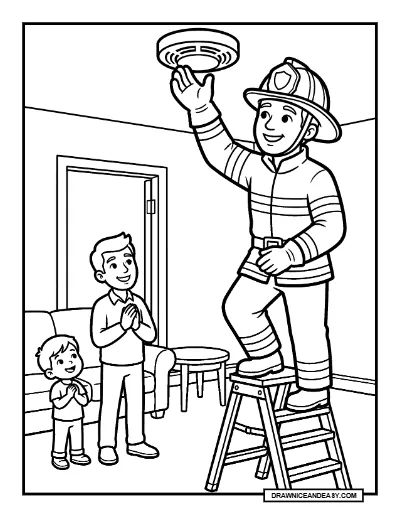 Firefighter Checking a Smoke Alarm Community Helpers Coloring Page coloring page preview