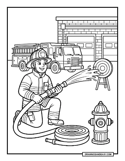 Firefighter Practicing With Water Hose Community Helpers Coloring Page coloring page preview
