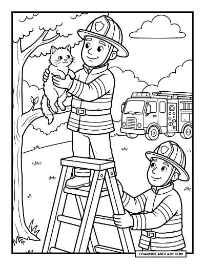 Firefighter Rescuing a Cat Community Helpers Coloring Page coloring page preview