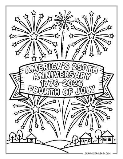 Fireworks with Anniversary Banner Coloring Page – America 250 Free Printable coloring page preview