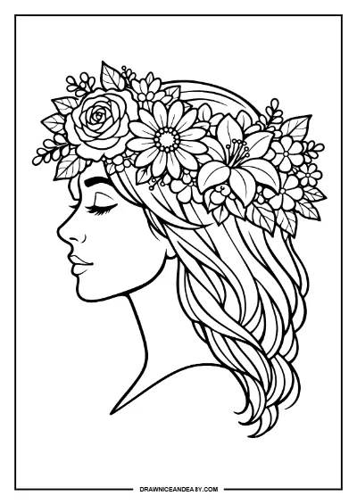 Floral Woman Mother's Day Coloring Page Free Printable PDF coloring page preview