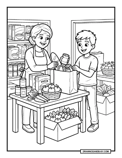 Food Bank Volunteer Packing Groceries Coloring Page coloring page preview