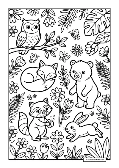 Forest Animals - Owl Fox Bear Woodland Scene Coloring coloring page preview