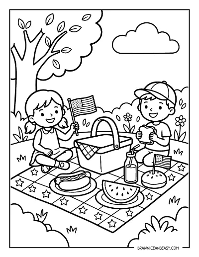 Fourth of July Picnic Scene Coloring Page – Free Printable for Kids coloring page preview