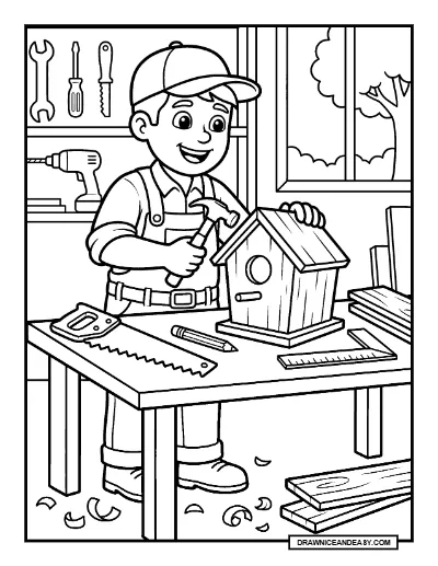 Friendly Carpenter Making a Birdhouse Coloring Page coloring page preview