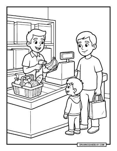Friendly Cashier Helping a Customer Community Helpers Coloring Page coloring page preview