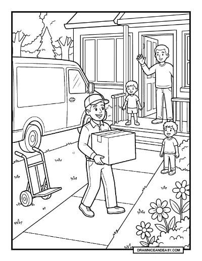 Friendly Delivery Driver Bringing a Package Coloring Page coloring page preview