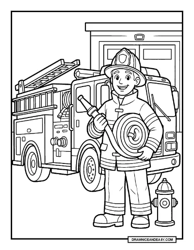 Friendly Firefighter With Fire Truck Coloring Page coloring page preview