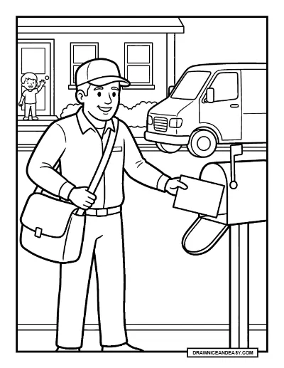Friendly Mail Carrier Delivering Letters Coloring Page coloring page preview