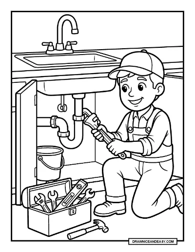 Friendly Plumber Repairing a Sink Community Helpers Coloring Page coloring page preview